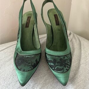 Louis Vuitton Green Satin Slingback Pumps with Black Lace